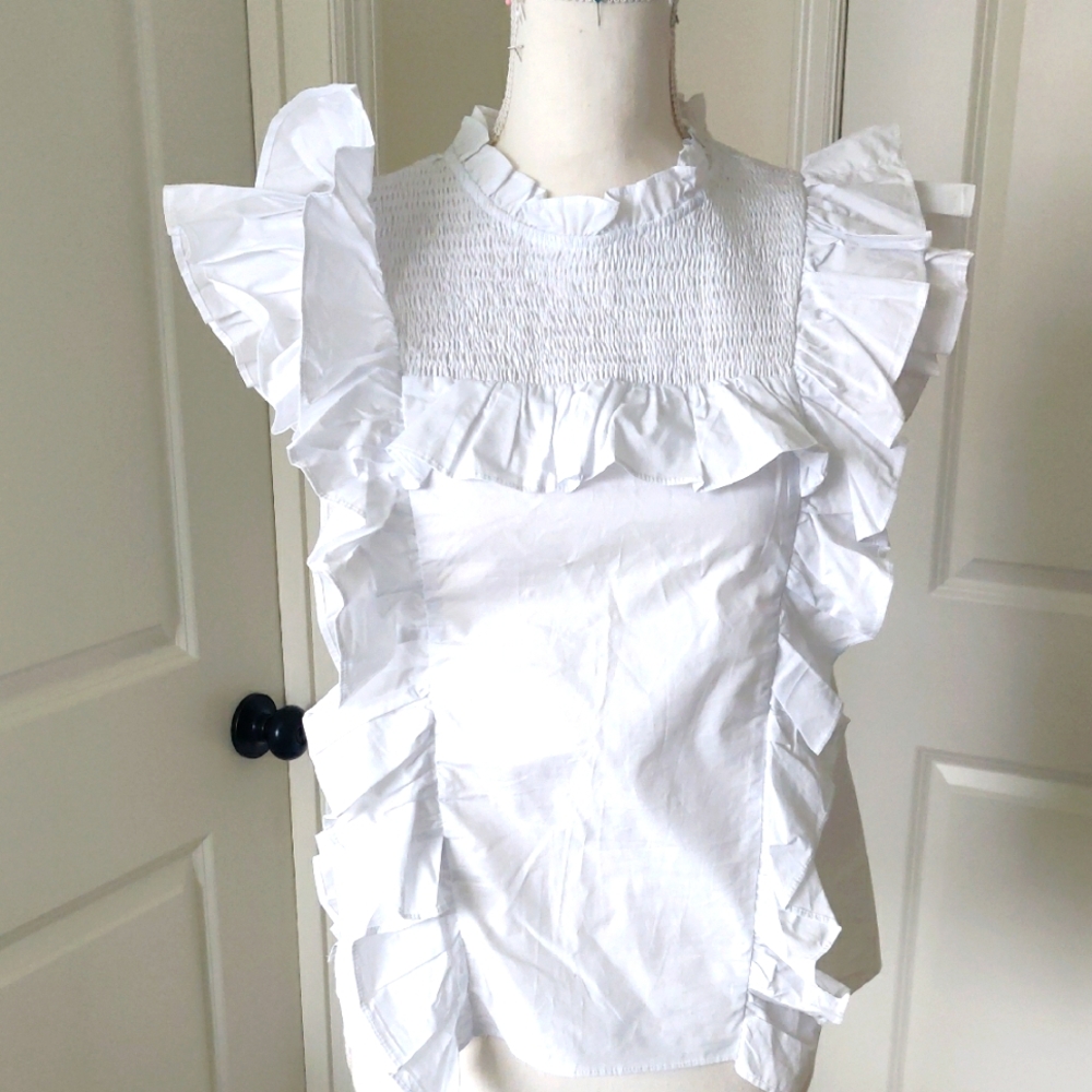 English Factory round neckline, sleeveless, ruffles White Ruffled Women's Top XS